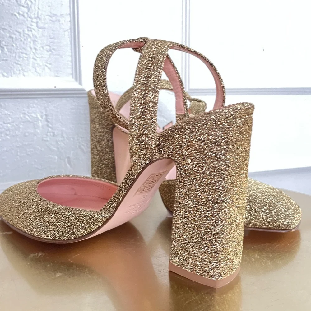 J. Crew Harlow Ankle Strap Gold Glitter Heels NWOB Made in Italy Leather Bottoms - Picture 4 of 8